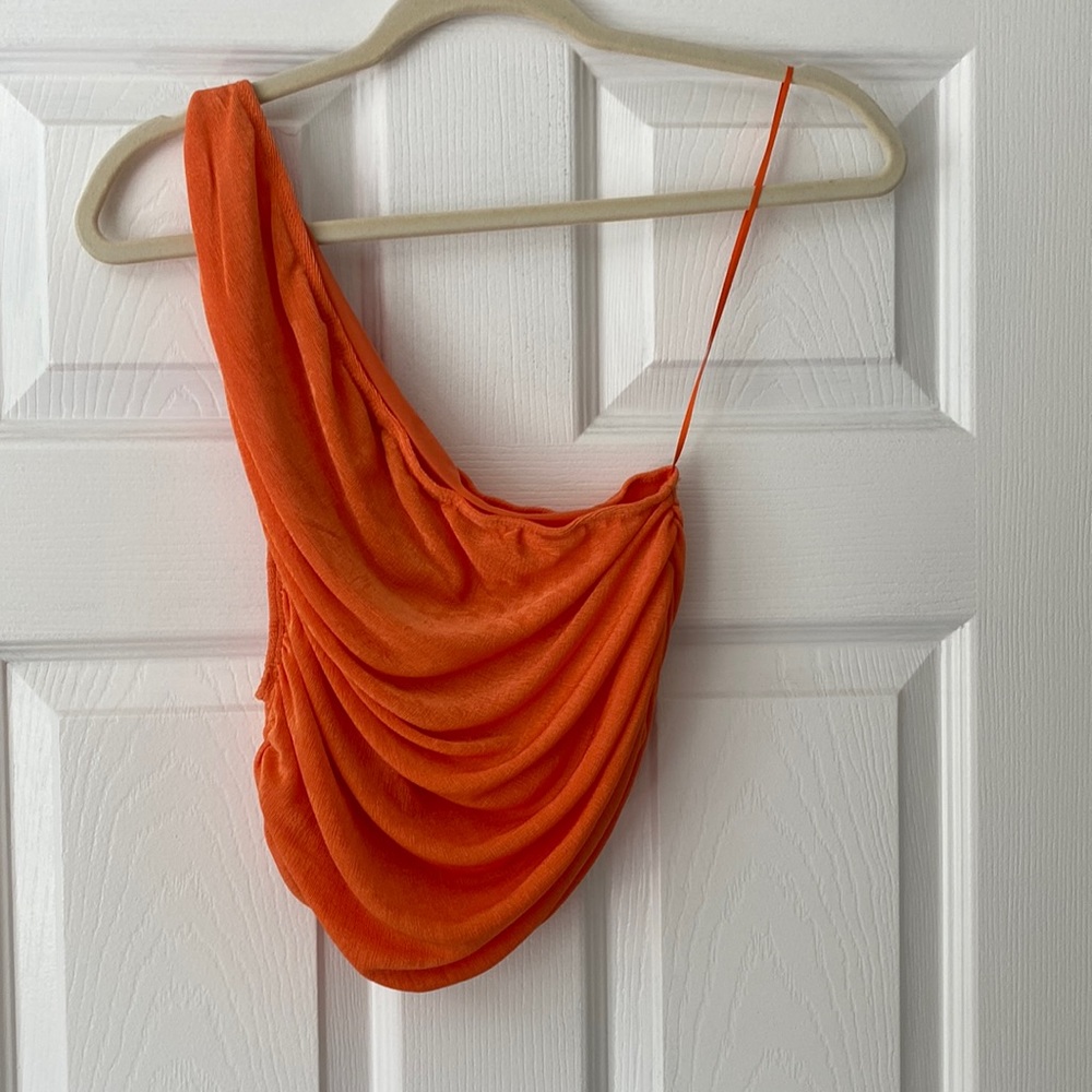 Princess Polly “the goddess” orange crop top one shoulder asymmetrical shimmer